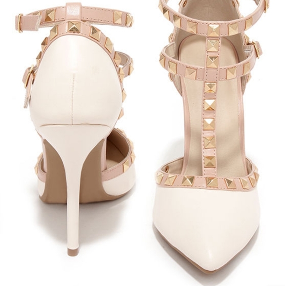 Wild Diva Shoes - Studded T-Strap Pointed Ankle Strap Heels